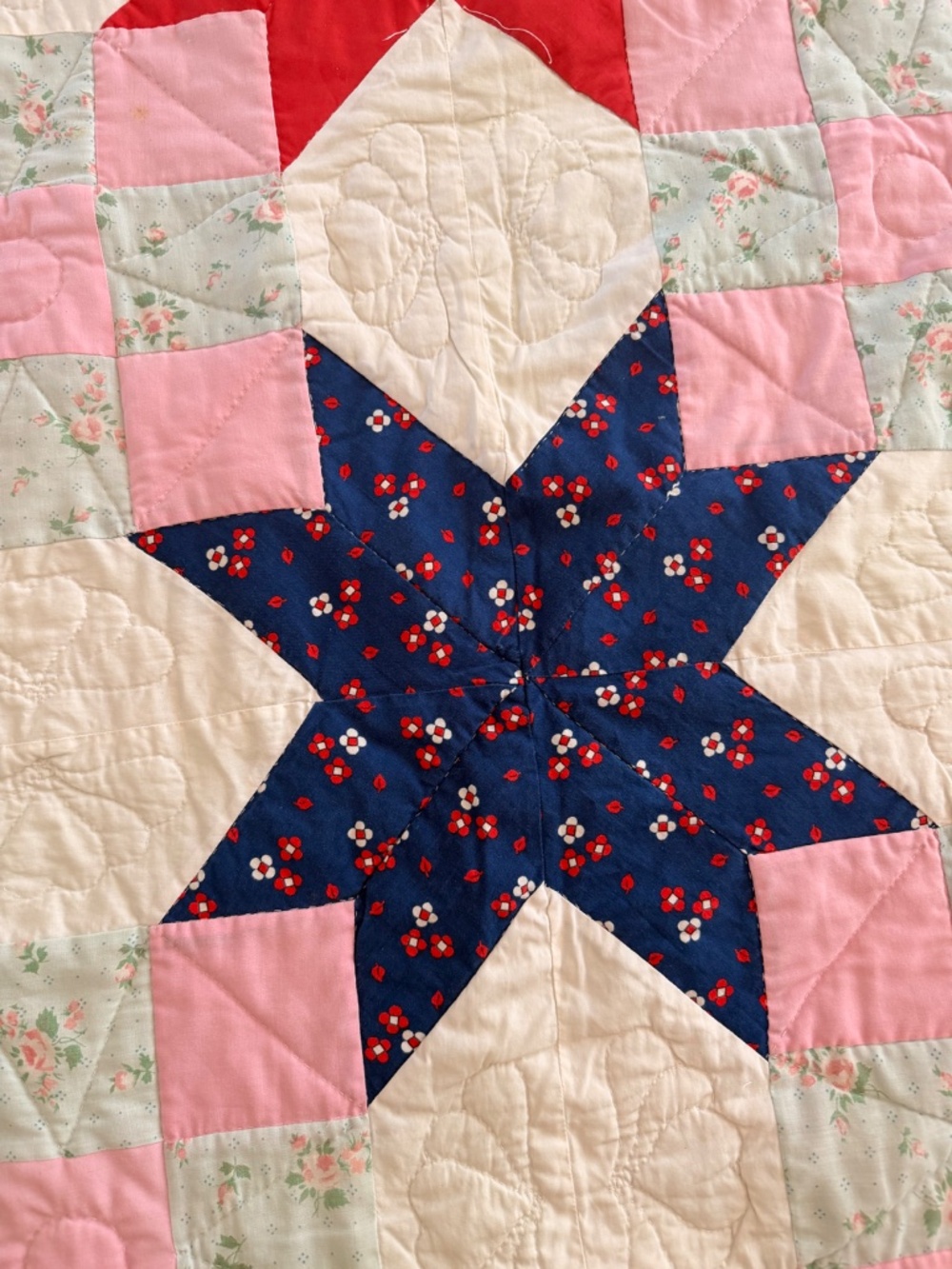 Vintage Handmade Patchwork Quilt Cottagecore Floral Star Quilt 88” x 88” - Picture 5 of 5